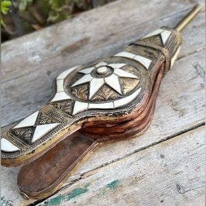 Vintage Bellows Wood Leather Fireplace Brass Shell inlay Moroccan fire starter